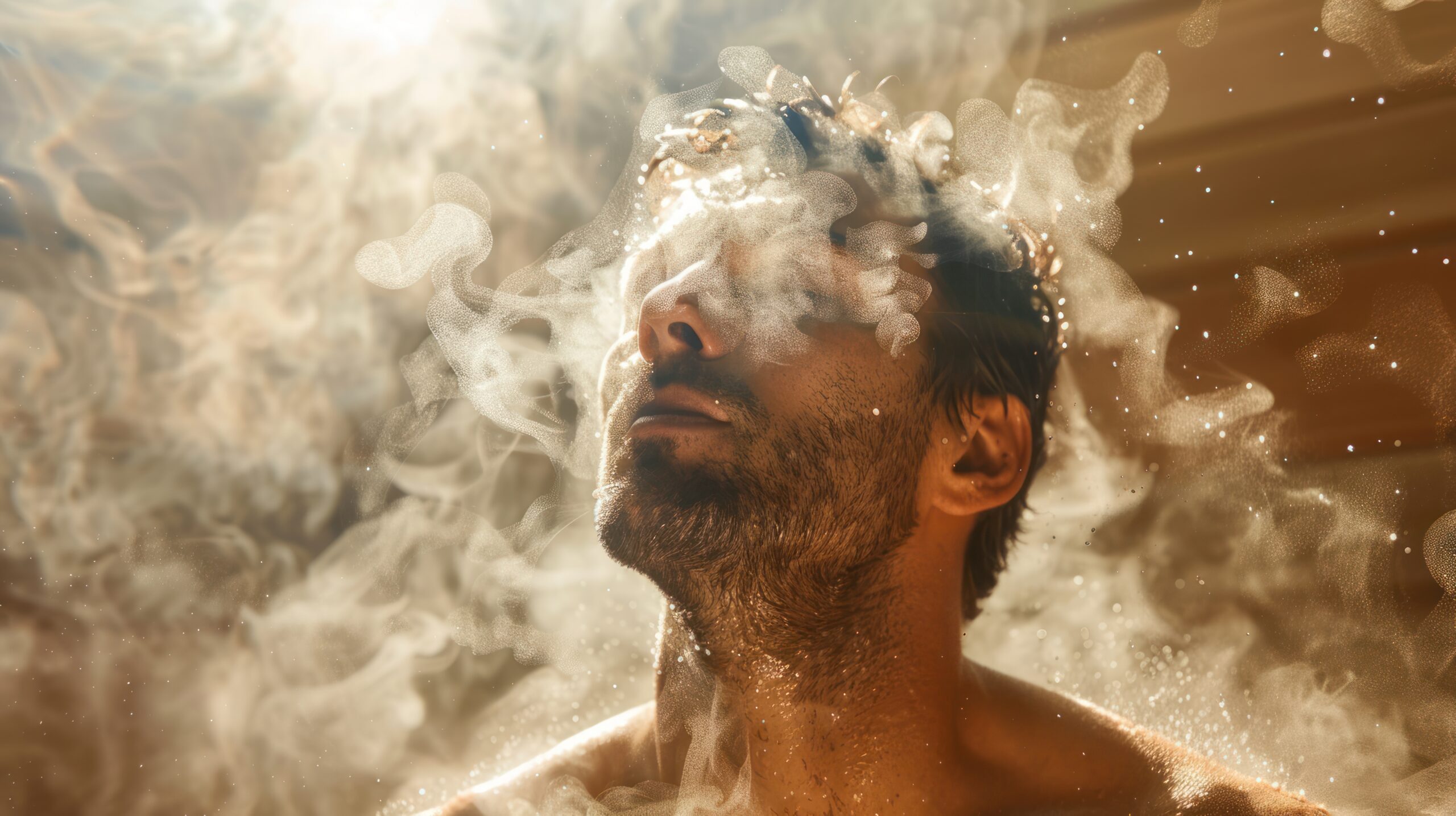 Man relaxing in steam room for post-workout recovery.