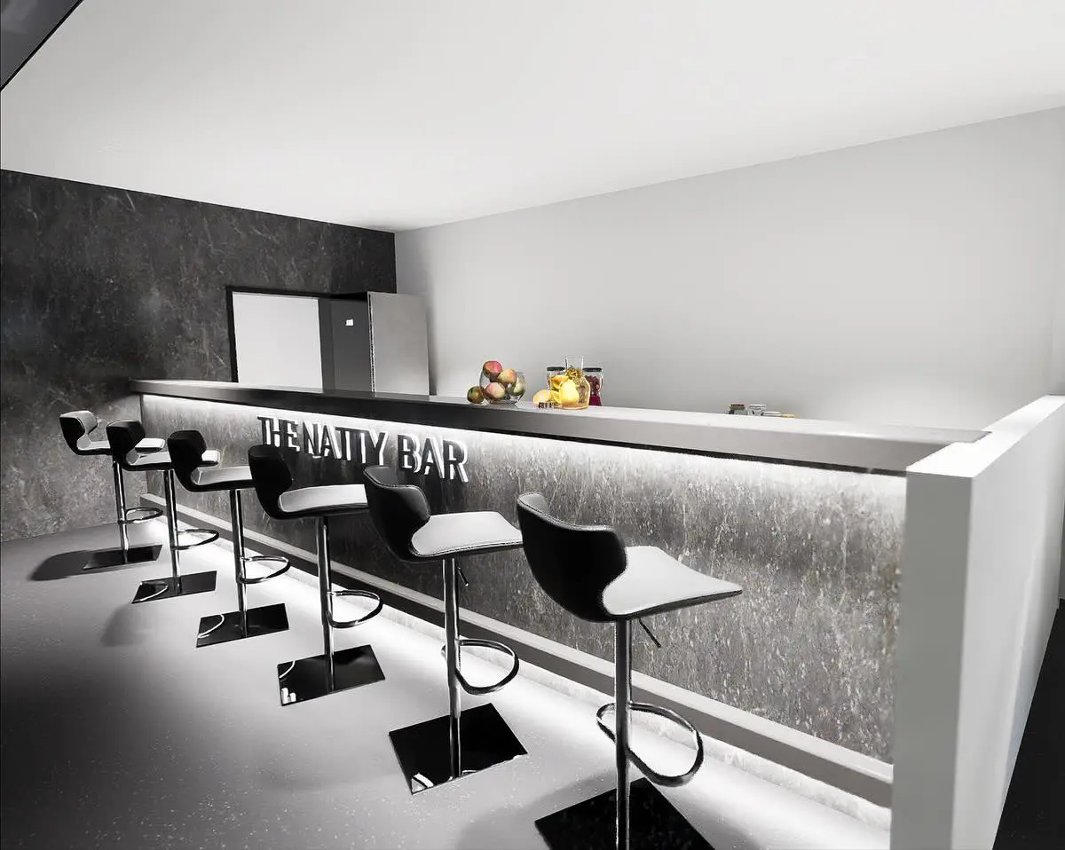 The Natty Bar at TenTenBody Club in St. Maarten — a sleek nutrition bar serving protein shakes, cold-pressed juices, and recovery supplements.